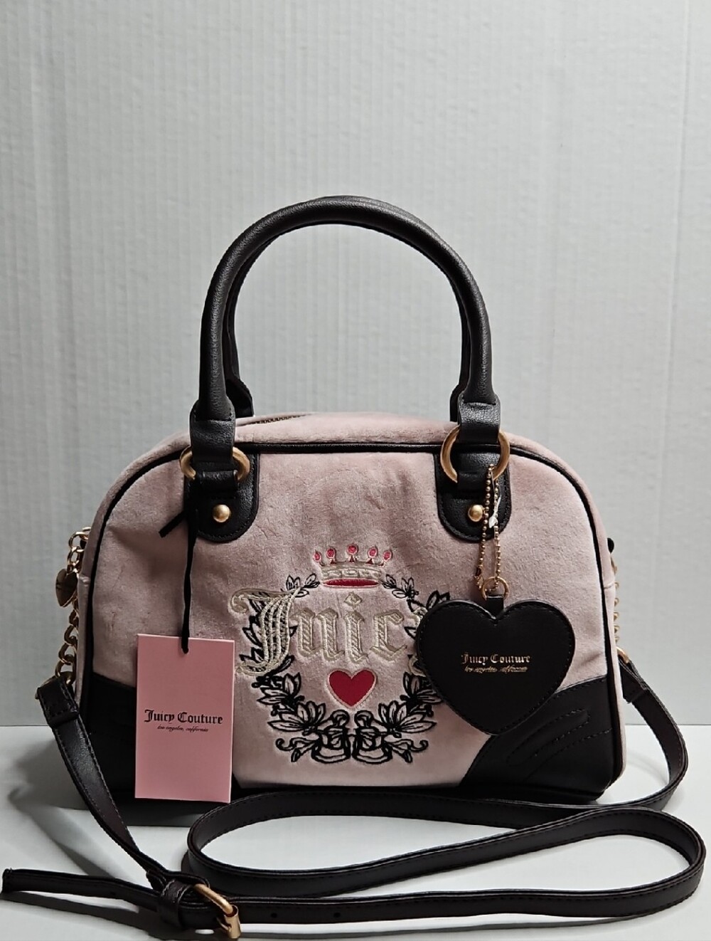 Juicy Couture Blush Pink Velvet Satchel with Black Trim and Heart Charm